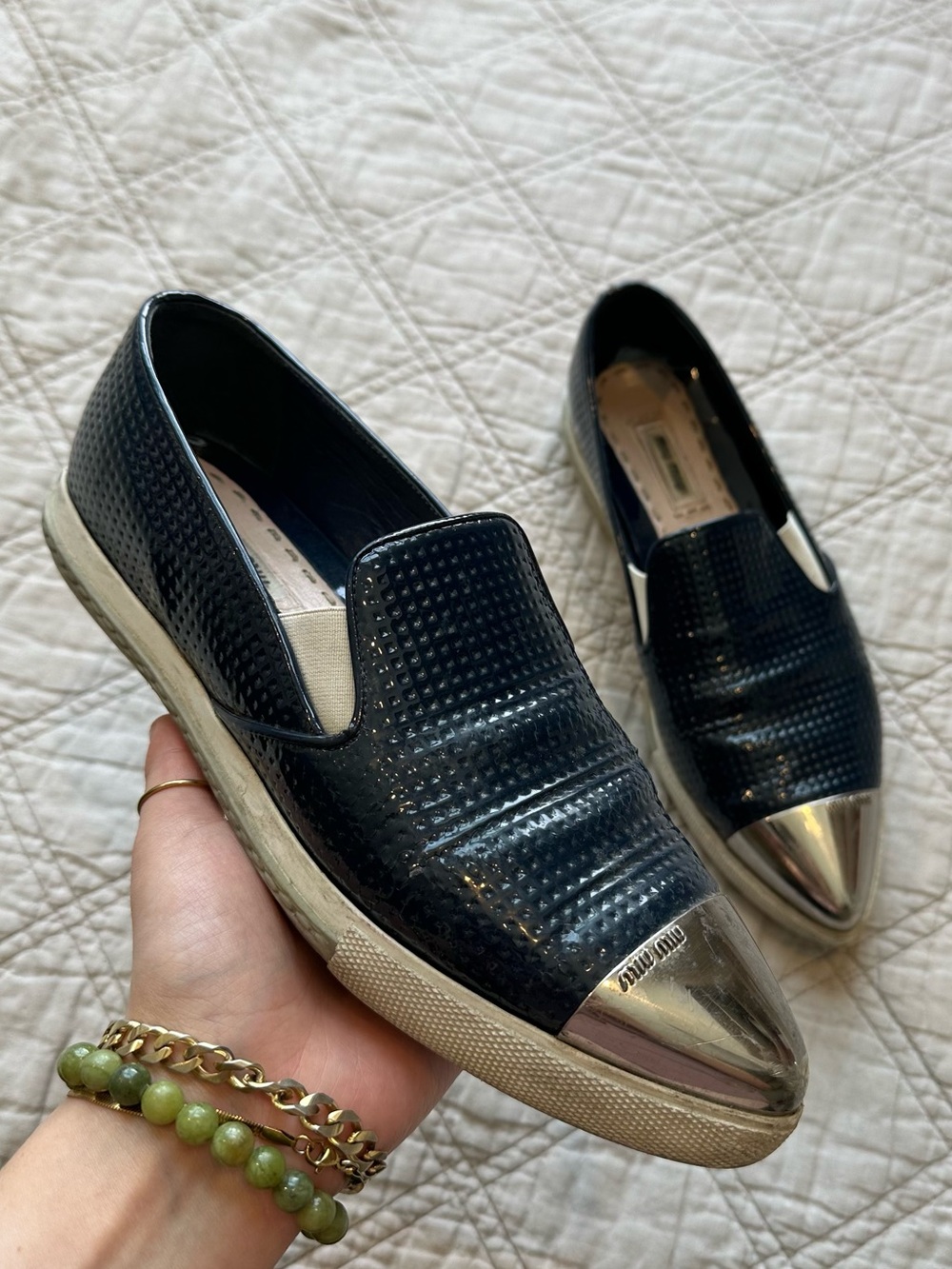 Miu Miu Metal Cap Toe Slip On Sneakers